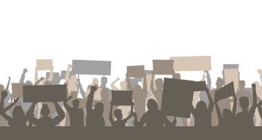 Beyaz arka planda izole edilmiş pankart tarzını destekleyen protesto kalabalığı