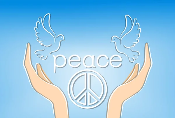 Peace Symbol Two Hands Supporting Letters White Dove Sky Light — Stock Vector