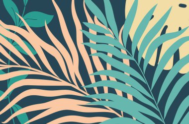 yeşil yapraklar palmiye çiçekleri çizgileri sanat baskısı tasarımı. Duvar baskısı için Botanik Duvar Sanatı Vektörü Soyut sanat tasarımı.