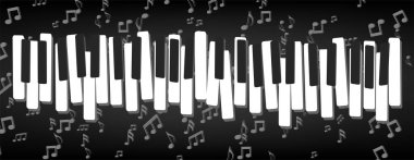 Notaların üzerinde piyano tuşları pankartı. Dekorasyon, reklam tasarımı, web siteleri veya yayınlar, afişler, posterler ve broşürler için kullanılır..