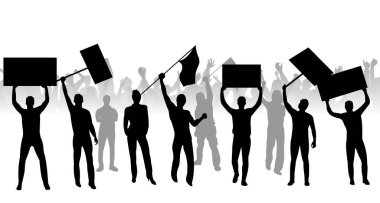 Beyaz arka planda izole edilmiş pankart tarzını destekleyen protesto kalabalığı