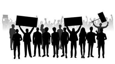 Beyaz arka planda izole edilmiş pankart tarzını destekleyen protesto kalabalığı