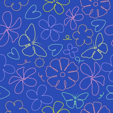 Çizgi çizimi kusursuz karalama tarzı çiçek yaprakları kumaş izleri için mavi renkte..