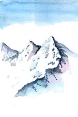 Bu suluboya sanat eserleri karla kaplı görkemli bir dağ sırasını resmediyor. Kış manzarasının sükunetini ve güzelliğini yansıtıyor..