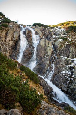 The Wielka Siklawa waterfall in the Valley of Five Ponds, Tatra Mountains, Zakopane, Poland, cascades dramatically over rocky cliffs, creating a mesmerizing scene in this alpine landscape. clipart