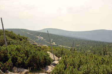 Karkonosze 'nin Szrenica zirvesinden, çarpıcı manzara boyunca vadi ve dağların geniş manzaraları gözler önüne seriliyor.