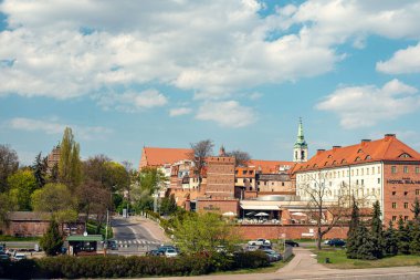 Polonya 'nın Torun kentinin tarihi mimarisini ve nehir kenarındaki güzelliğini gösteren bir köprüden manzarası.