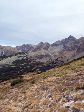 Polonya 'nın Tatra Dağları' ndaki Kasprowy Wierch 'ten bir dağ gölü manzarası, büyüleyici dağlık alan manzarası ve kristal berrak suları var.