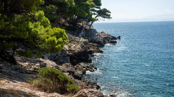 Kayalıklar ve gök mavisi deniz, Dalmaçya bölgesi, Makarska Riviera, Hırvatistan.