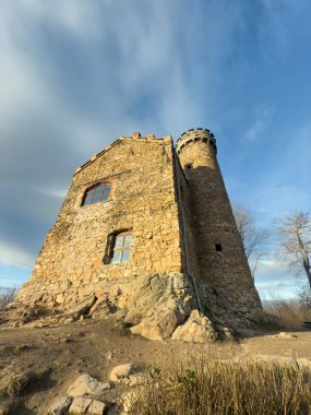 Polonya 'daki Prens Henryk Kalesi, dağ manzaralı romantik bir harabe.