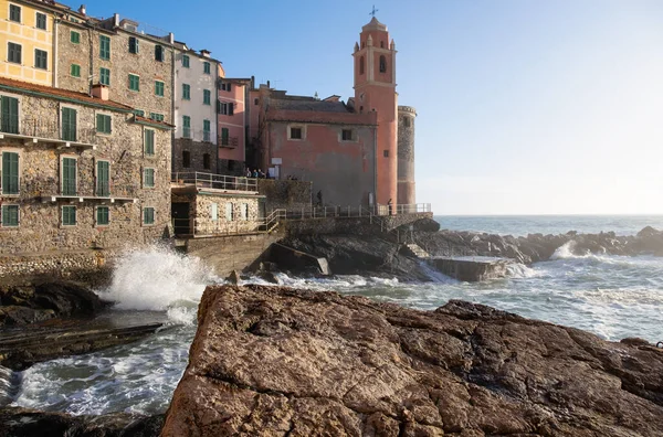 stock image Strong sea waves breaking on Tellaro, ancient and small village near Lerici, in the Gulf of La Spezia (Golfo dei Poeti) Liguria, Italy, Europe