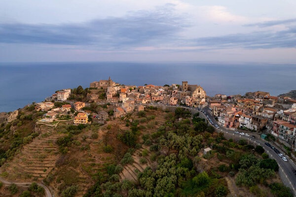 Aerial view of picturesque town  Forza d'Agro and the beautiful sicilian coast, Sicily, Italy