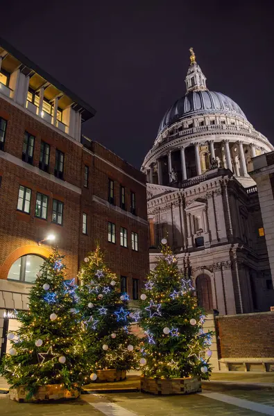 Noel Ağaçları Gece St. Pauls Katedrali 'nin yanında aydınlatıldı. Londra UKs İkonik Başkent' inin Kalbindeki Çarpıcı Tatil Dekorasyonları