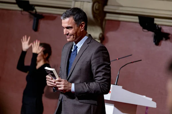 stock image Pedro Sanchez Perez-Castejon. President of the Government of Spain. Pedro Snchez in a tribute in Madrid with the Spanish Socialist Workers Group (PSOE).