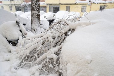 Kar yağıyor. Kış. Sokaklar, sokaktaki tüm elementleri kaplayan beyaz bir kar örtüsüyle kaplı. Soğuk kavram. Kış konsepti 2022 kışı. Fotoğraf:.