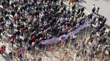 Manifestation. Health. Aerial images of a demonstration through the streets of the city of Madrid in favor of public health. In Spain. nurses. doctors. MADRID SPAIN. FEBRUARY 12, 2023.