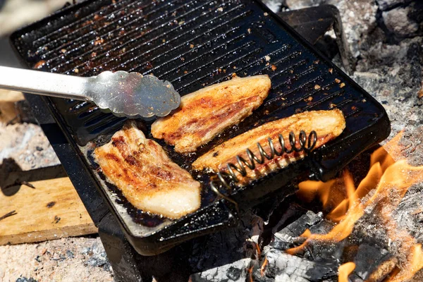 Pörköltek Étel Lángokban Étel Elkészítése Tűz Tűzifa Parázson Hús Fényképészet — Stock Fotó