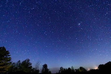 İyi geceler. Yıldızların gökyüzünde, ağaçların siluetleri ve günbatımının renkleriyle görüldüğü gece fotoğrafçılığı. Fotoğraf:.