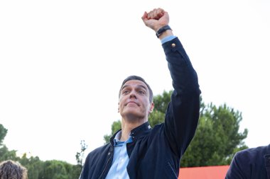 Pedro Sanchez Perez-Castejon. PSOE 'nin büyük eylemi. İspanya Başkanı politik bir mitingde. MADRİD, İSPAN - 25 Mayıs 2023.