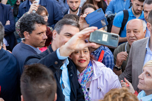 Pedro Sanchez Perez-Castejon. Massive act of the PSOE. President of Spain at a political rally. MADRID, SPAIN - MAY 25, 2023.