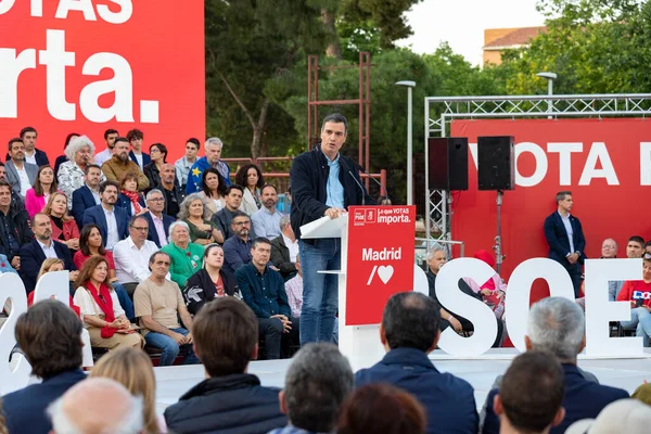 stock image Pedro Sanchez Perez-Castejon. Massive act of the PSOE. President of Spain at a political rally. MADRID, SPAIN - MAY 25, 2023.