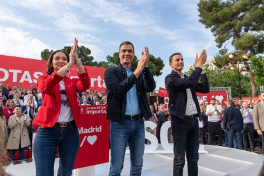 Pedro Sanchez. Juan Lobato. Reyes Maroto. PSOE. İspanya Sosyalist İşçi Grubu (PSOE) üyesi adaylar. MADRİD, İSPAN - 25 Mayıs 2023.