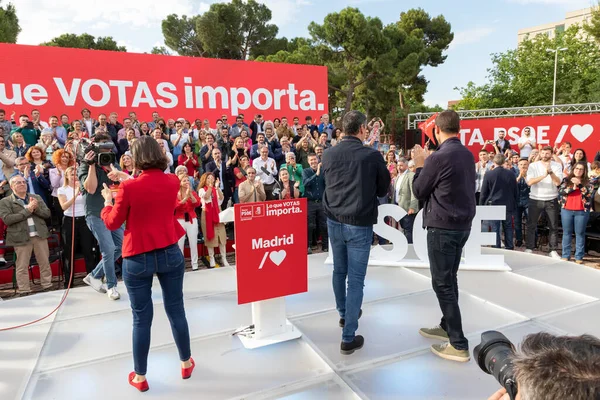 Pedro Sanchez. Juan Lobato. Reyes Maroto. PSOE. İspanya Sosyalist İşçi Grubu (PSOE) üyesi adaylar. MADRİD, İSPAN - 25 Mayıs 2023.