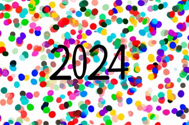 2024. Yeni yıl, 2024. Konfeti arkaplanındaki numaralar. Yatay tasarım. Mutlu yıllar 2024.