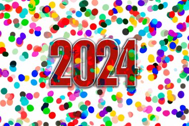 2024. Yeni yıl, 2024. Konfeti arkaplanındaki numaralar. Yatay tasarım. Mutlu yıllar 2024.