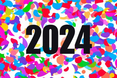 2024. Yeni yıl, 2024. Konfeti arkaplanındaki numaralar. Yatay tasarım. Mutlu yıllar 2024.