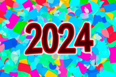 2024. Yeni yıl, 2024. Konfeti arkaplanındaki numaralar. Yatay tasarım. Mutlu yıllar 2024.