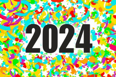 2024. Yeni yıl, 2024. Konfeti arkaplanındaki numaralar. Yatay tasarım. Mutlu yıllar 2024.