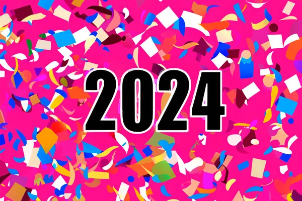 2024 Año Nuevo 2024 Números Fondo Confeti Diseño Horizontal Feliz — Foto de Stock
