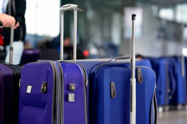 Suitcases in airport. Travel concept. 3d rendering. Computer failure at airports. Microsoft. The planes can't take off. 19 July 2024.