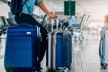Suitcases in airport. Travel concept. 3d rendering. Computer failure at airports. Microsoft. The planes can't take off. 19 July 2024.