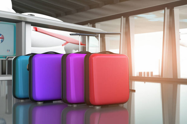 Suitcases in airport. Travel concept. 3d rendering.