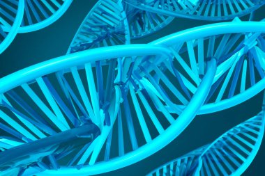 DNA testi. İnsan hücre biyolojisinin DNA iplikçiklerinin moleküler yapısının tasviri. Mavi DNA yapısı izole edilmiş. Üç boyutlu illüstrasyon. DNA molekülünün sarmal sarmalı. Genetik hücre kavramı.