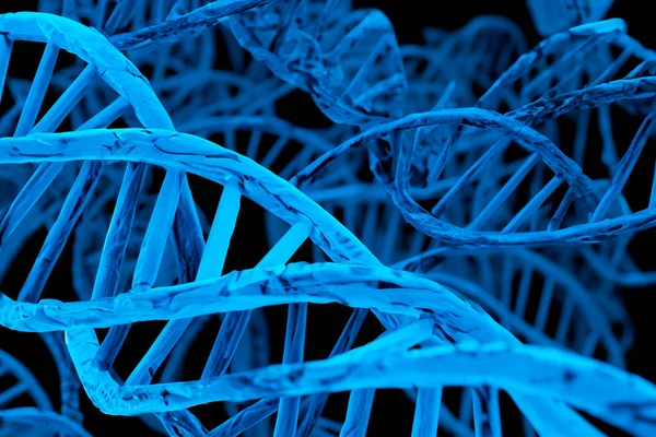 DNA. Illustration of the molecular structure of DNA strands of human cell biology. Blue DNA structure isolated background. 3D illustration. Helix spiral of DNA molecule. Genetic cells concept.