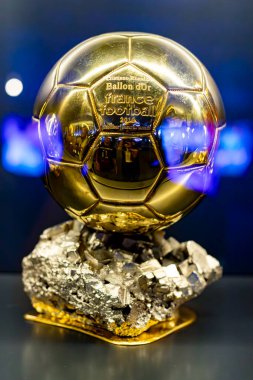 Ballon d'Or. Golden Ball. Award for the best soccer player during a season. Prize. Paris. FRANCE. 28 OCTOBER 2024. UEFA. Best. Player. Soccer. World. Ballon. Trophy. Win. Rodrigo Hernandez. Rodri. Aitana Bonmati