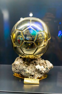 Ballon d'Or. Golden Ball. Award for the best soccer player during a season. Prize. Paris. FRANCE. 30 OCTOBER 2023. UEFA. Best. Player. Soccer. World. Ballon. Trophy. Aitana Bonmat. Lionel Messi. Win.