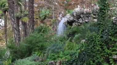 Şelale. Madrid 'de bir parkta şelale. Buen Retiro 'nun yapay dağı, Kediler Dağı olarak bilinir. Yeşil bitki örtüsü, bitki ve yapraklarla çevrili karanlık taş arka plan. Sonbahar renkleri.