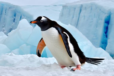 Penguenler. Kar yığınının arkasındaki buzdağındaki penguenler. Antarktika 'da. Penguen Farkındalık Günü. 20 Ocak. 2024.