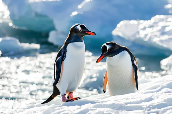 Penguins. Penguins on the iceberg behind the snow bank. In Antarctica. Penguin Awareness Day. January 20. 2024.