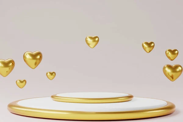 Cream white podium with hearts and golden balls. Valentine\'s Day, wedding, anniversary. Podium for product, cosmetic presentation. Make fun. Pedestal or platform for beauty products. 3D illustration.