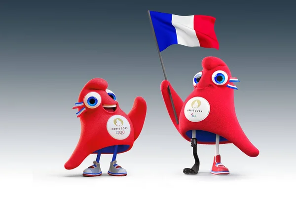Olimpiyat Oyunları. Phryge. Evcil hayvan. 2024. Olimpiyat Oyunlarının logosu. Olimpiyat Oyunları Halkaları. Olimpiyat yüzükleri. Logo. İllüzyon. - Paris, Frances - Temmuz. 26 yaşında. 2024.