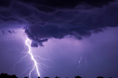 Ben Ray. Şimşek. Elektrik fırtınası. Yıldırım ve gök gürültülü güçlü bir elektrik fırtınası. Tarlalar üzerinde elektrik fırtınası. Yıldırım fotoğrafçılığı. Binaların ve ağaçların silueti.
