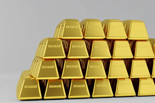 Gold ingots, close-up of a precious gold bar. Gold bullions stacked in pyramid on white background. 3D rendering.