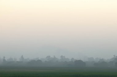 Haze. Gökyüzü puslu ve bulutlu. Sisli bir sabahta yüksek binaların silueti. Şiddetli hava kirliliği, bulanıklığı ve kötü görüş mesafesi şehirdeki yüksek binaları net bir şekilde görmemi zorlaştırıyor..