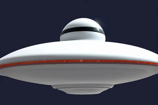 Alien. Alien with a flying saucer at his side. Alien and UFO. Alien in space. Fantasy. 3d rendering of an alien with a spaceship in the background. Futuristic spaceship flying in the night sky.