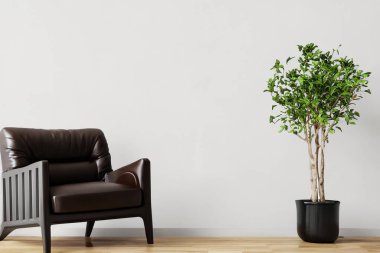 Oturma odası. Boş duvar arkası deri koltuklu oturma odası. Modern oturma odasının içinde siyah deri koltuk ve lamba var. Kanepesi ve sehpası olan modern oturma odası..
